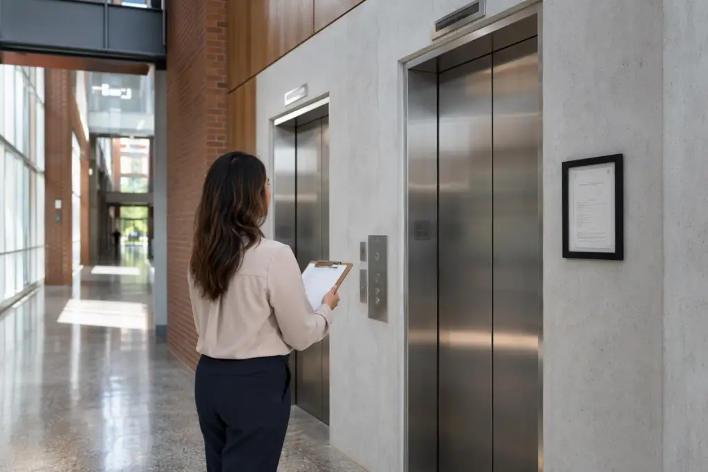 University elevator lobby in Texas showing stainless steel cab doors and a posted Certificate of Compliance, illustrating elevator inspection requirements for school buildings.
