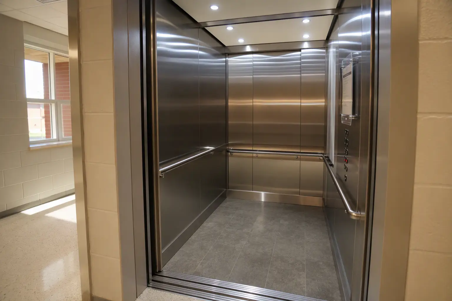 ADA-compliant elevator cab interior inside a Texas public school, with Braille button panel and posted permit, illustrating accessibility and inspection compliance requirements.
