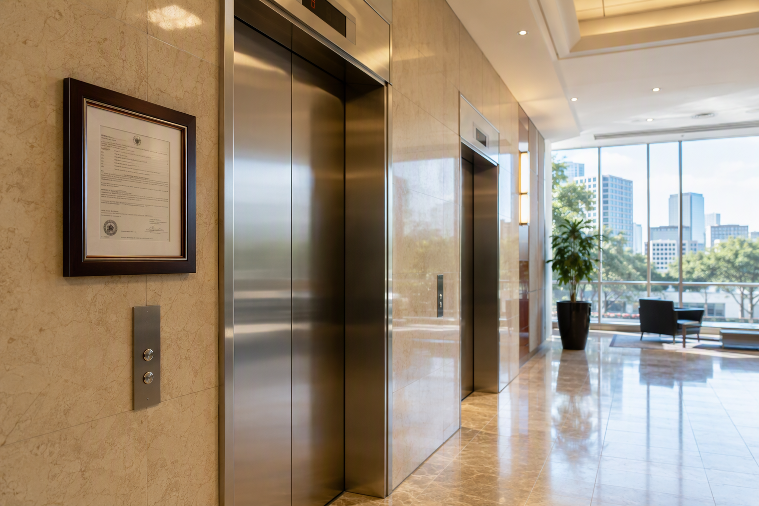 Elevator compliance certificate displayed beside stainless-steel elevator doors in a Houston TX commercial office building lobby, showing a valid certificate of compliance.