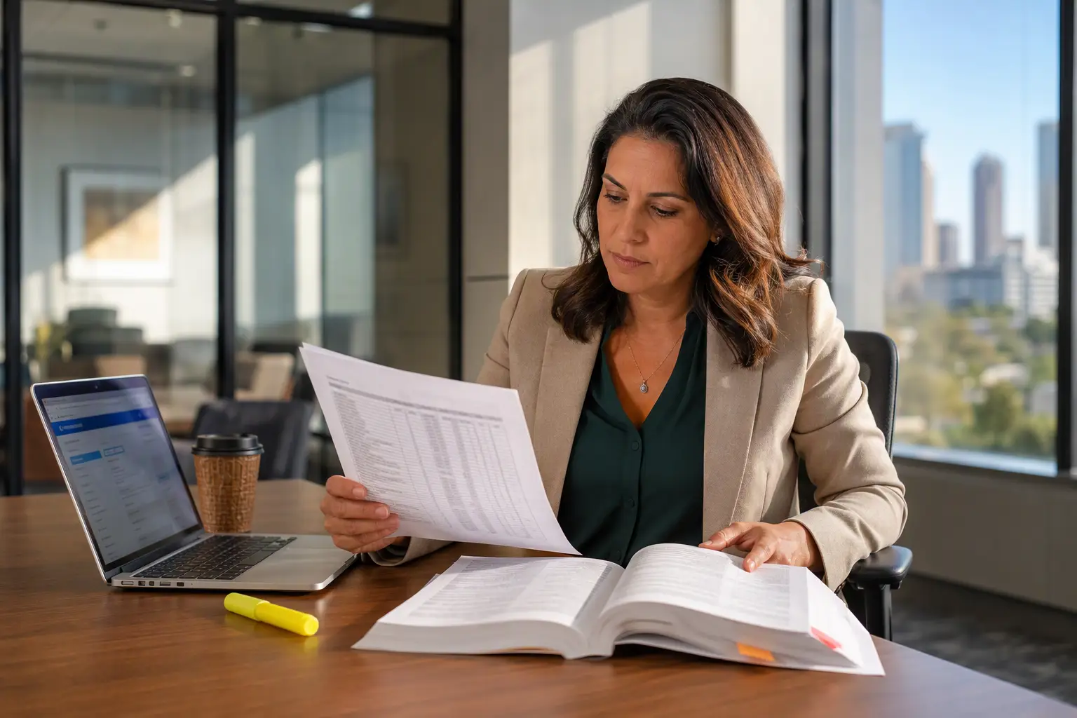 Houston TX property manager reviewing elevator compliance checklist and Texas ASME A17.1 code documents at office desk to ensure all regulatory requirements are met.