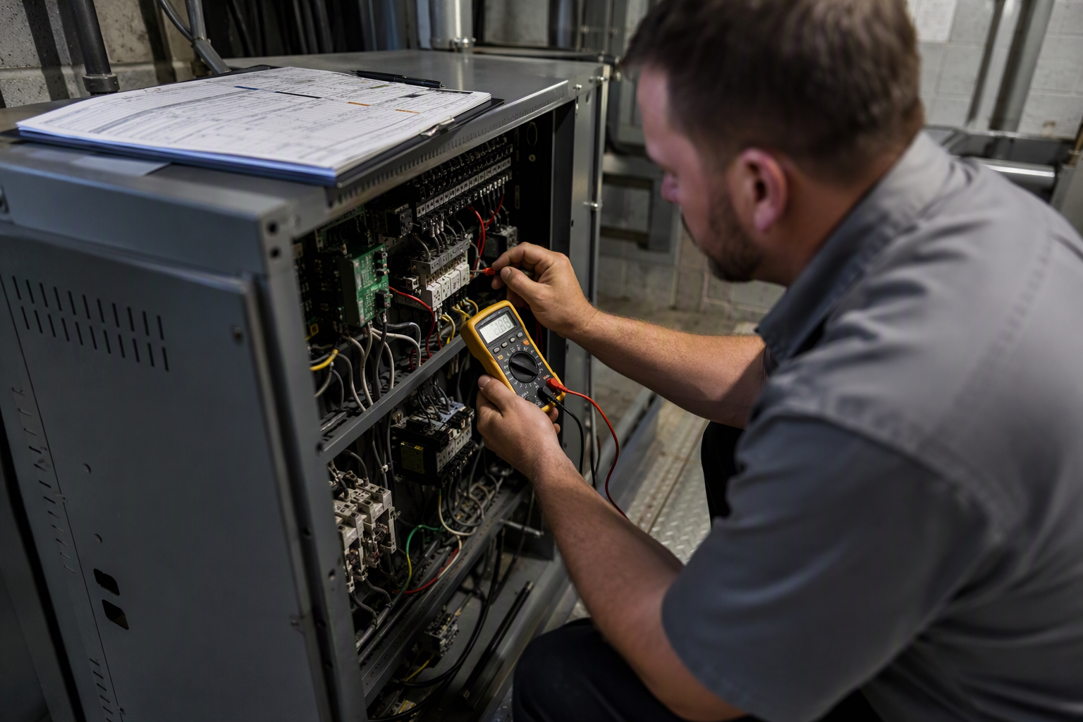 Elevator mechanic diagnosing an electrical deficiency on a controller cabinet in a commercial building machine room in Texas or California