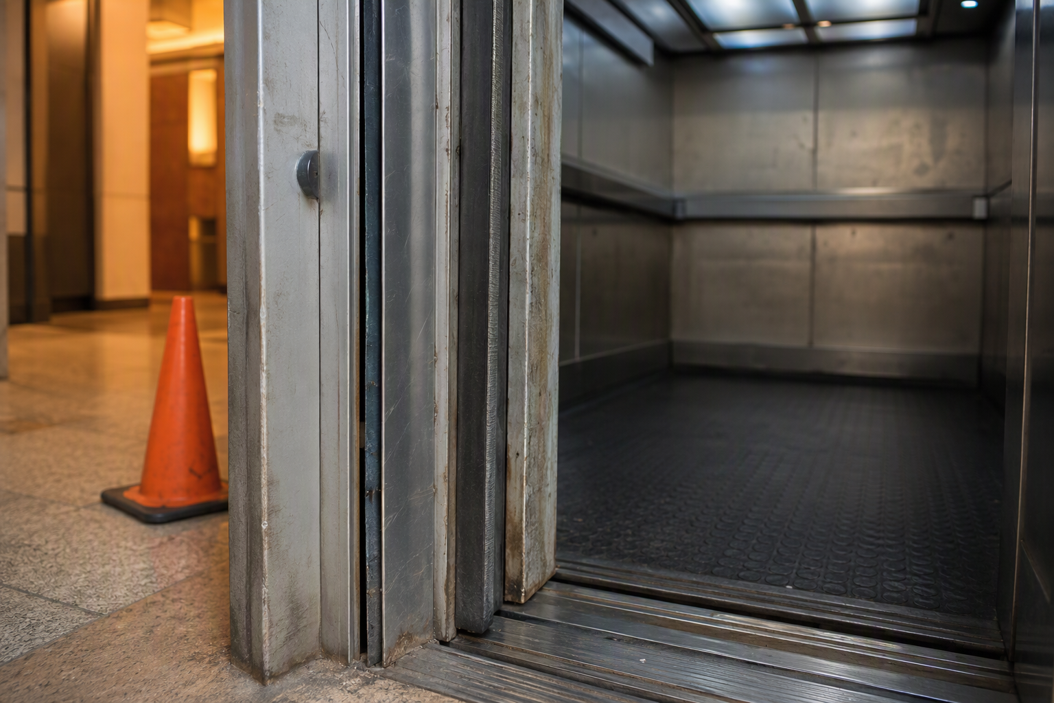 Out-of-service elevator cab with visible door gap deficiency and safety cone blocking entry in a Texas or California commercial building corridor
