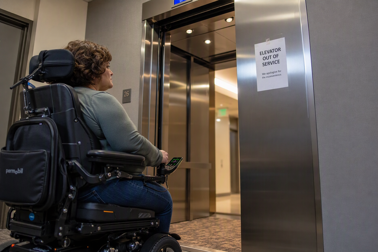 ADA Accessibility Impact of Elevator Downtime Wheelchair user in Dallas office building corridor unable to access elevator cab with out-of-service notice, showing ADA and tenant retention risks of elevator downtime.