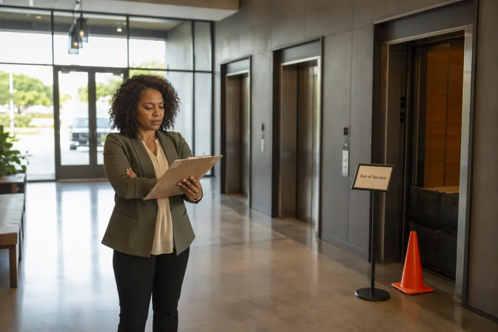 Property manager in Houston apartment lobby reviewing clipboard beside an out-of-service elevator, illustrating how elevator downtime affects tenant retention and building owner liability.