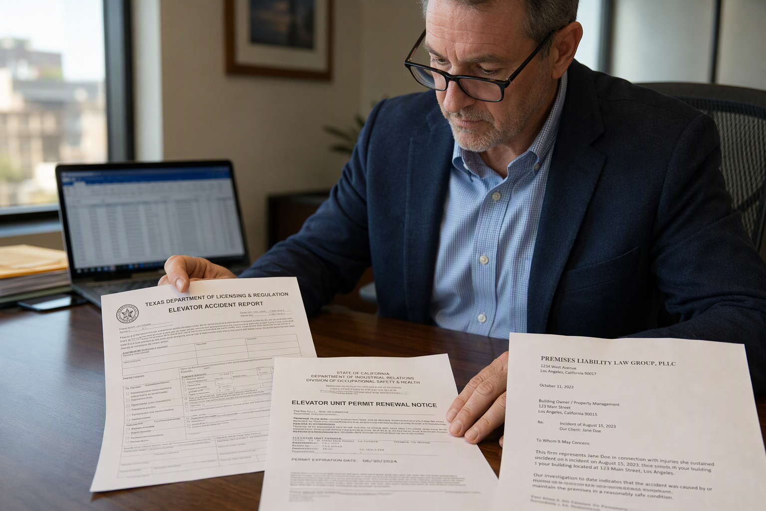 Building Owner Reviewing Elevator Liability and Compliance Documents Building owner reviewing Texas TDLR and California DIR elevator compliance documents and liability paperwork at a desk, representing legal obligations when an elevator is out of service.