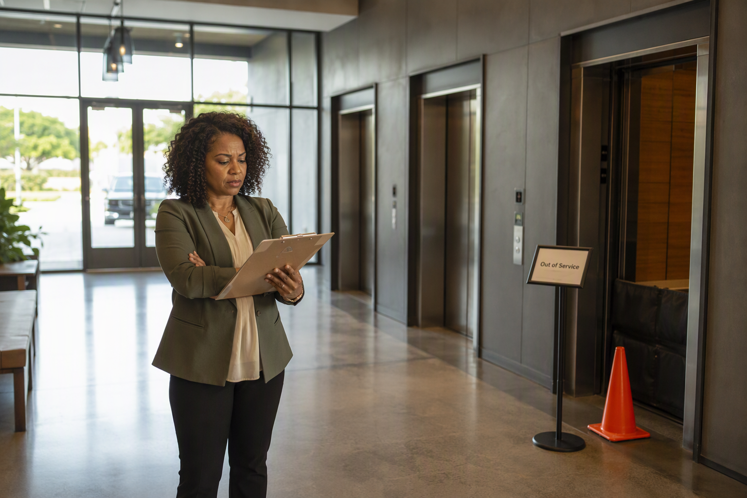 Elevator Out of Service — Building Owner's Perspective Property manager in Houston apartment lobby reviewing clipboard beside an out-of-service elevator, illustrating how elevator downtime affects tenant retention and building owner liability.