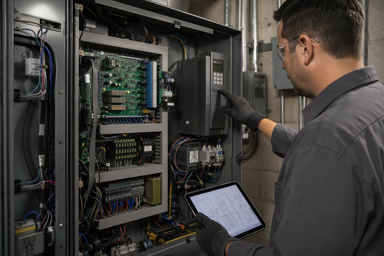 Elevator technician inspecting a new microprocessor controller and variable-frequency drive during a control system modernization project qualifying for equipment financing