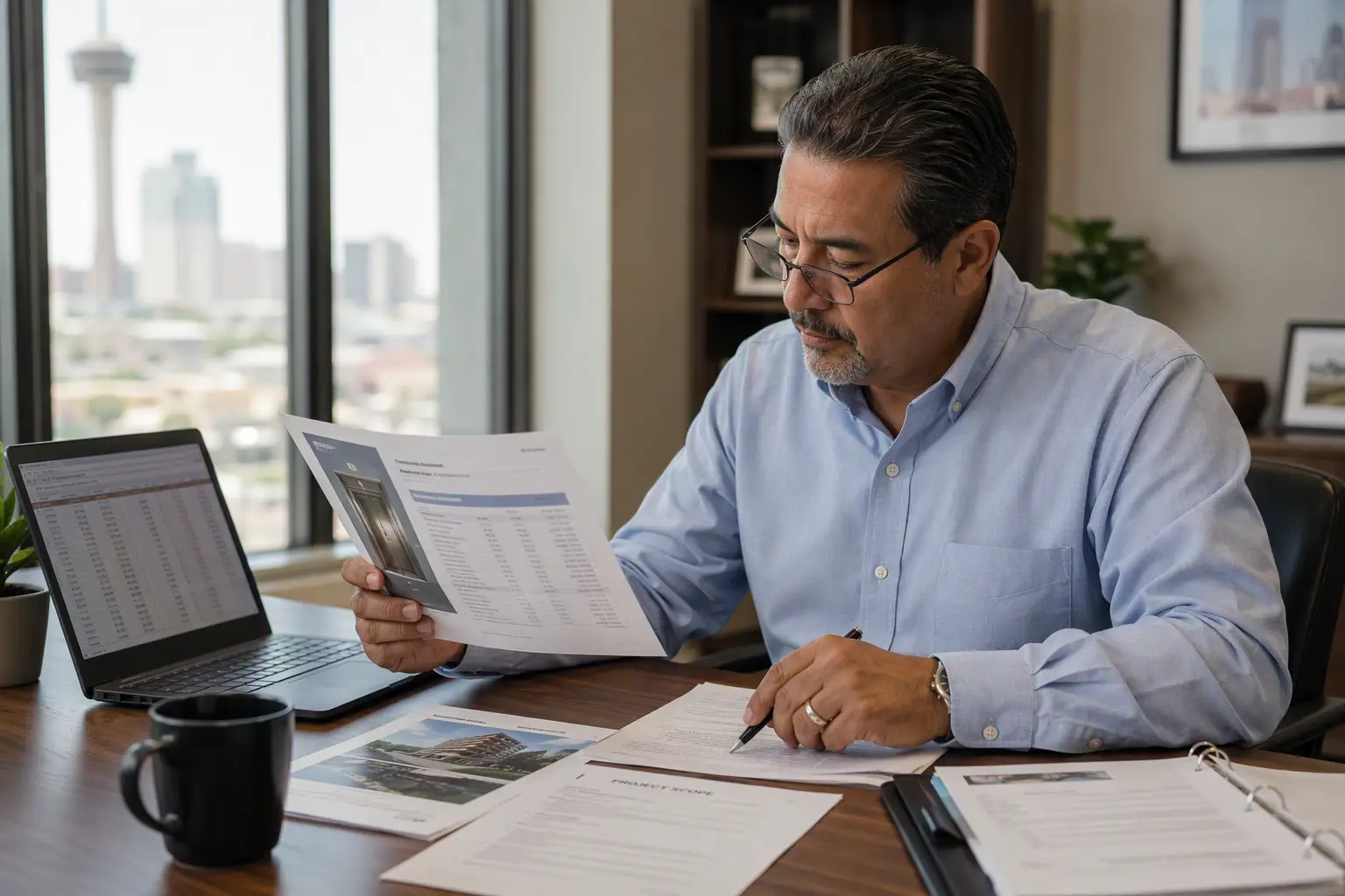 Property manager reviewing elevator financing proposal and monthly payment amortization schedule at office desk, illustrating how elevator repair financing works