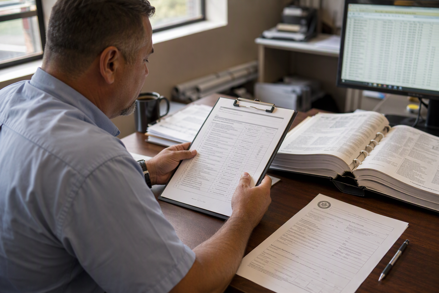 Registered elevator inspector reviewing Houston TX permit documentation and inspection checklist at a building management office desk.