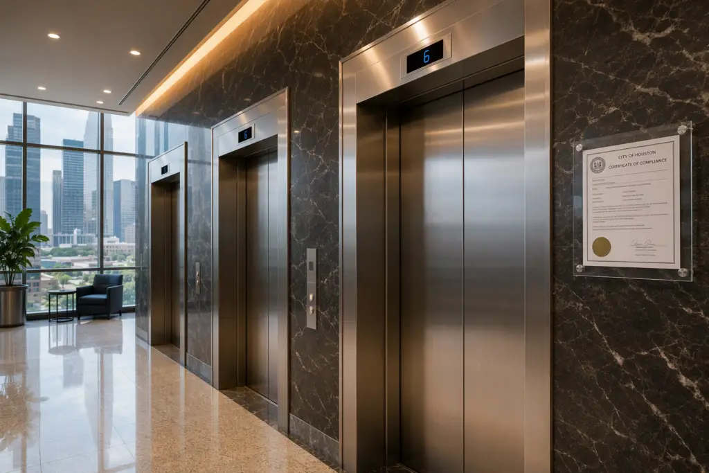 Commercial elevator bank in a Houston TX office building with Certificate of Compliance displayed on the wall, showing annual inspection and permit compliance requirements.