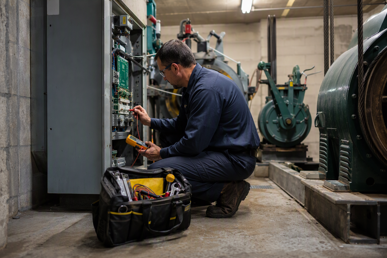 Elevator technician inspecting controller cabinet in a commercial building machine room in Houston TX to meet ASME A17.1 code compliance requirements.