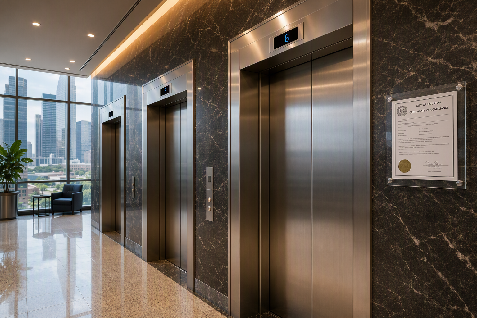 Commercial elevator bank in a Houston TX office building with Certificate of Compliance displayed on the wall, showing annual inspection and permit compliance requirements.