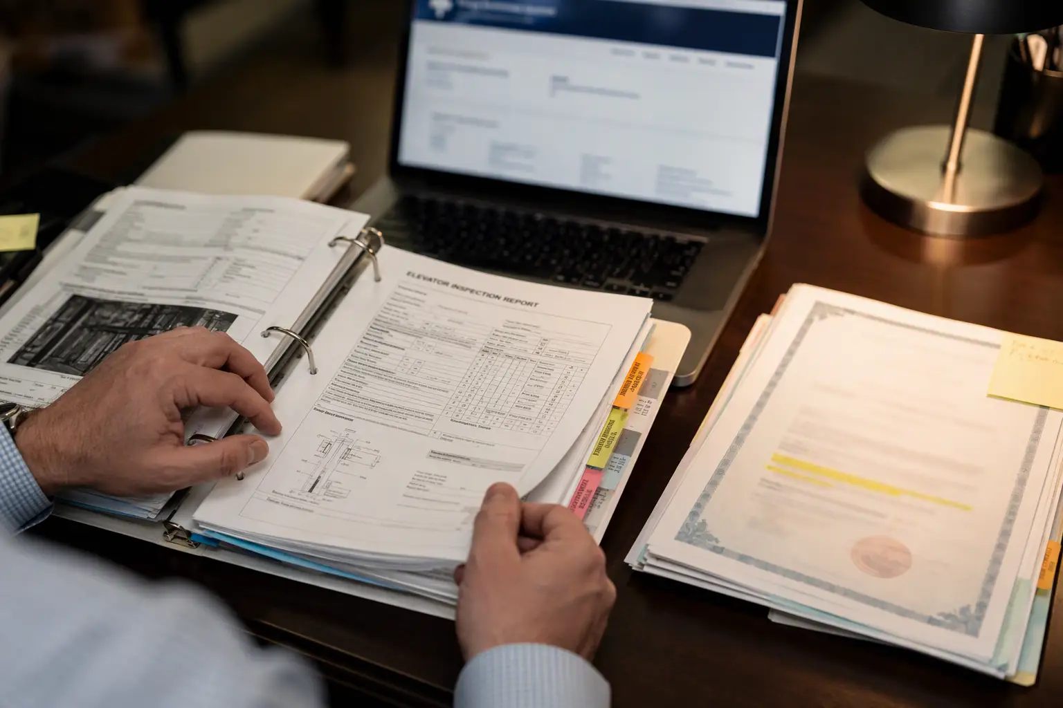 Dallas Texas building compliance officer reviewing TDLR elevator inspection reports and annual registration documents at office desk, illustrating regulatory differences between Houston and Dallas