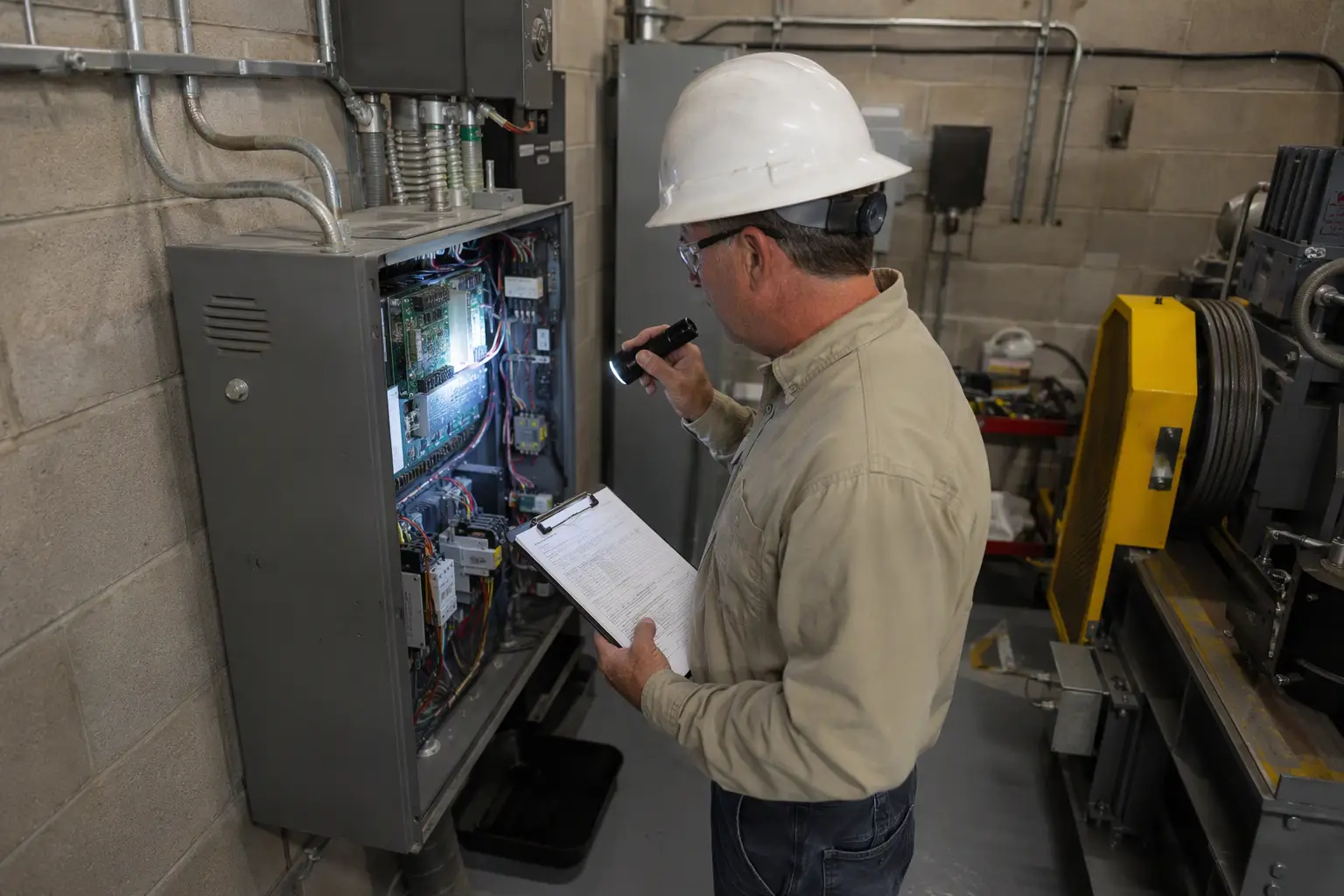 TDLR-registered elevator inspector examining machine room controller during annual elevator inspection in Texas commercial building, required for Certificate of Compliance renewal
