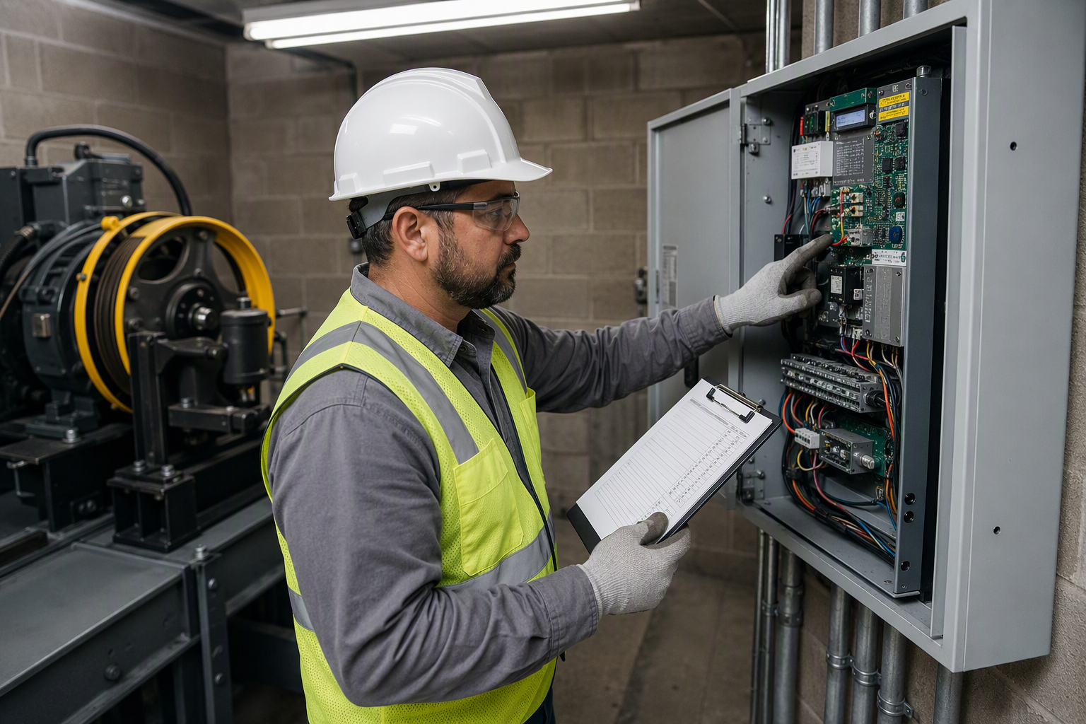 TDLR-registered elevator inspector reviewing a traction elevator controller in a Texas commercial building machine room during the required annual inspection.