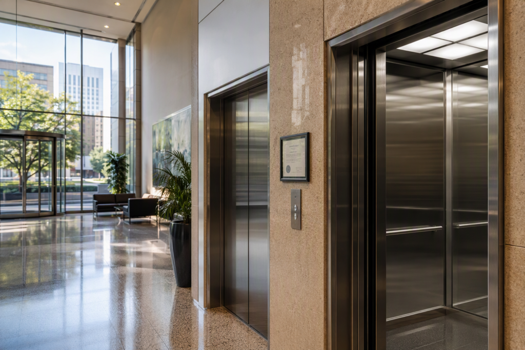 Commercial building elevator lobby in Houston TX showing stainless-steel cab doors and a TDLR inspection certificate mounted on the wall beside the call panel.