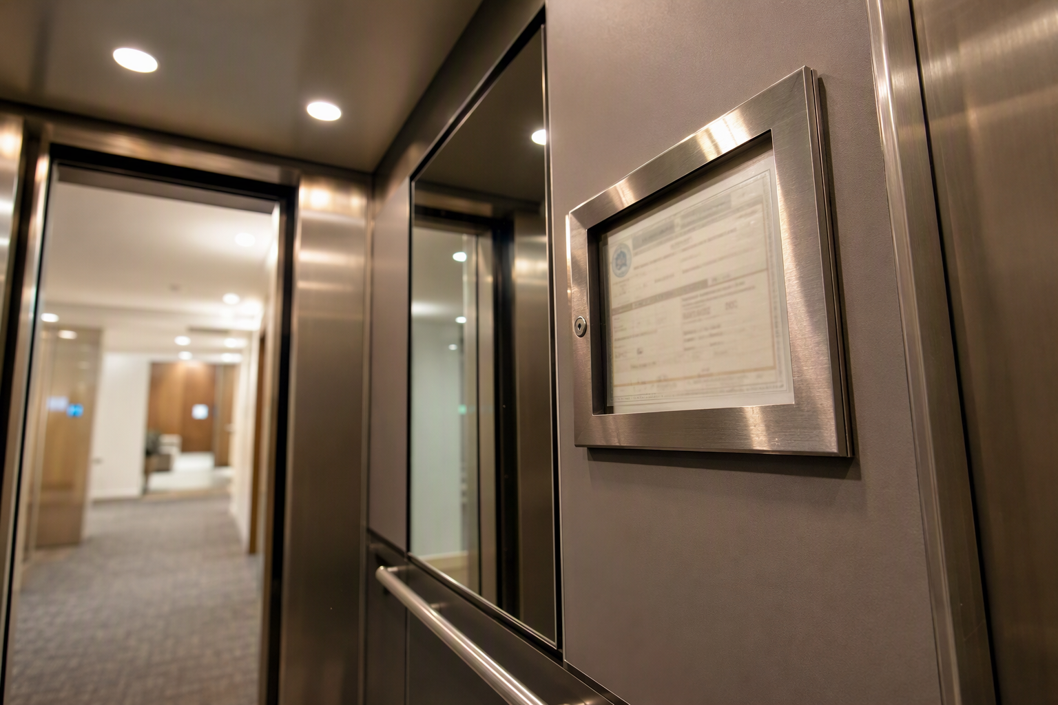Cal/OSHA permit to operate posted inside a California elevator cab, required by state law to be conspicuously displayed at all times for building compliance.