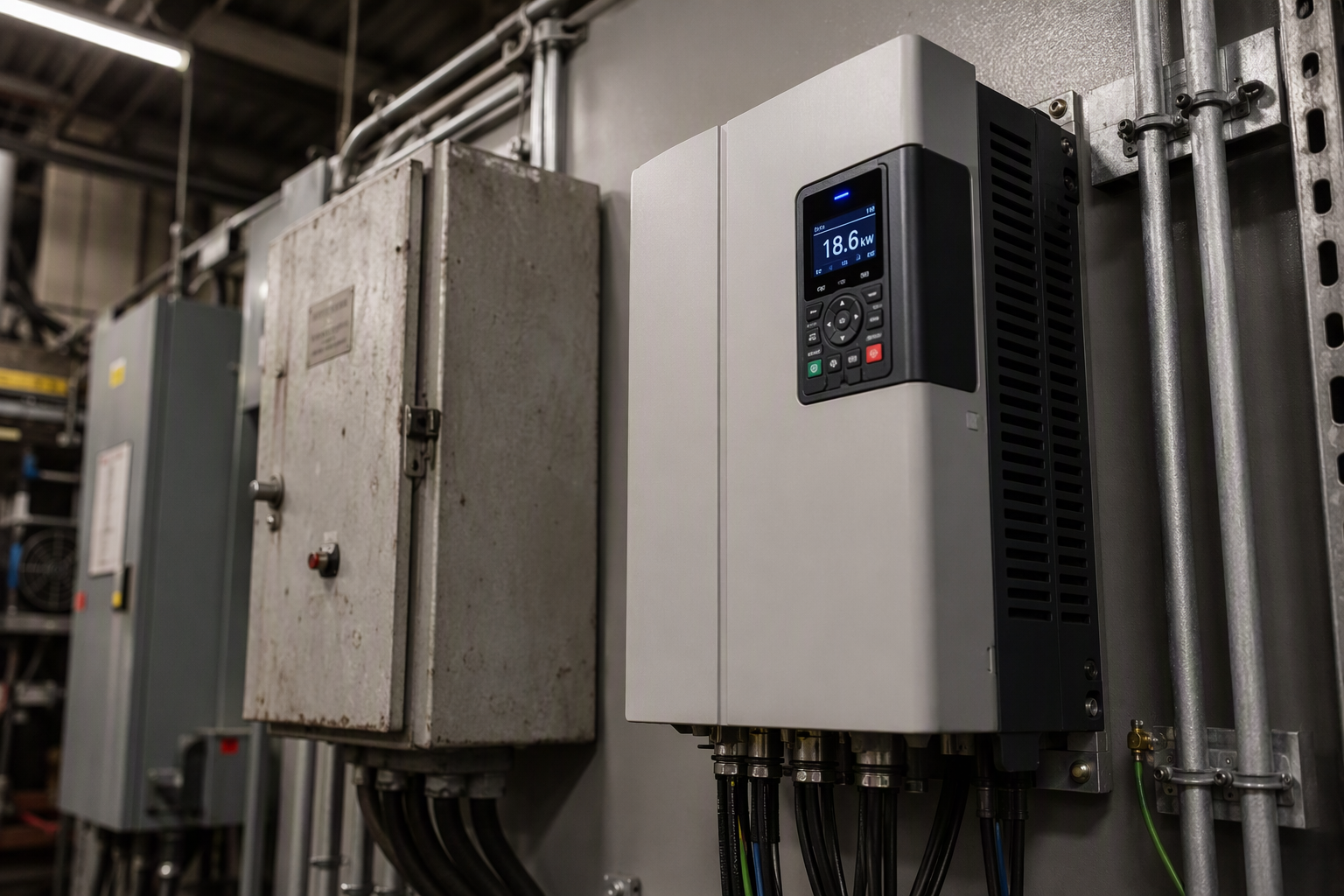 Regenerative VVVF Drive — Machine Room Detail Regenerative VVVF elevator drive controller installed in a Houston hospital machine room, a key energy-efficient upgrade that can qualify for Texas energy efficiency incentives