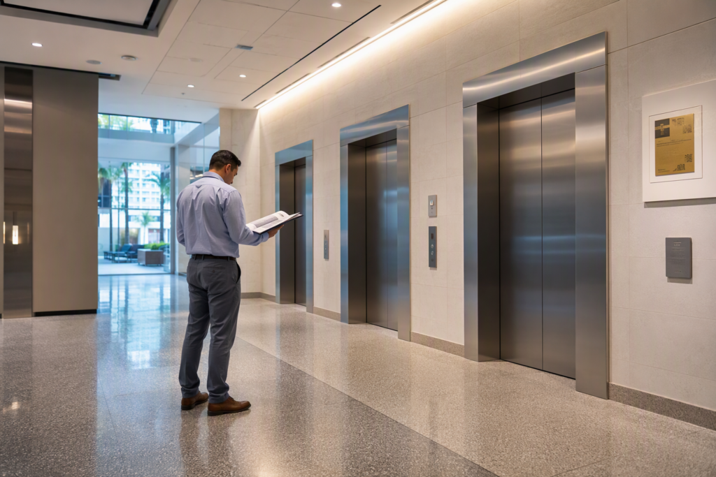 Hospital elevator lobby in Los Angeles medical office building where a facilities manager evaluates an elevator modernization project qualifying for California utility rebates