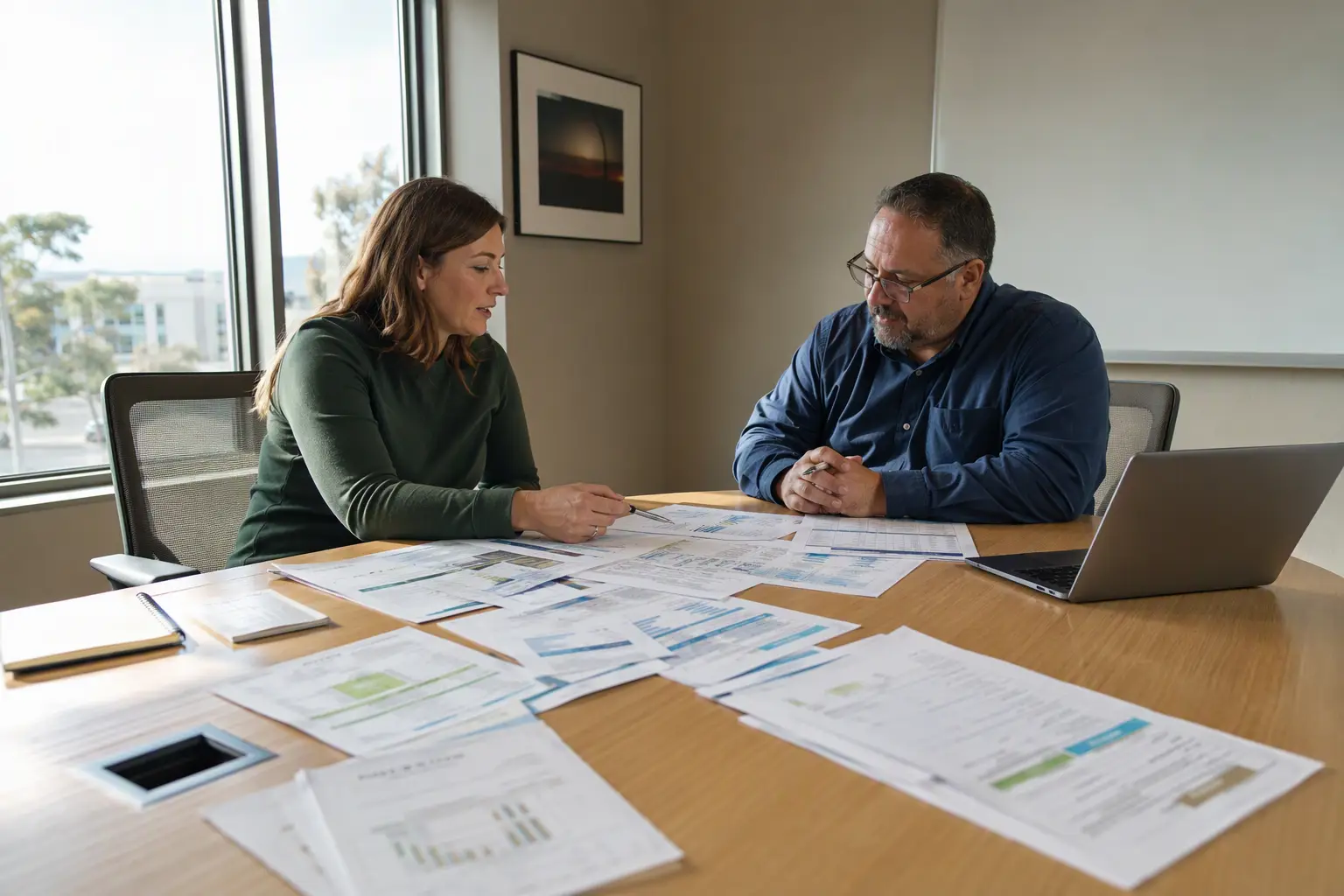 Utility Rebate Documentation Review — San Diego Building engineer and California utility representative reviewing energy baseline documentation and measurement verification worksheets for a healthcare elevator modernization rebate application