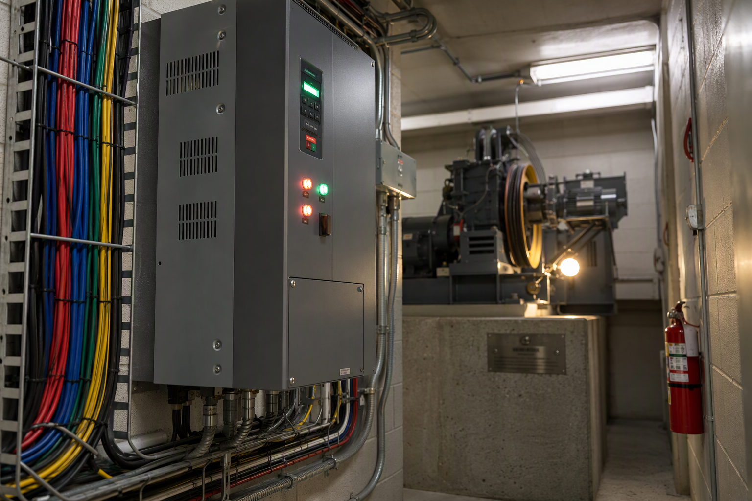 Elevator machine room showing a new variable-frequency drive cabinet and traction machine, key components replaced during a full elevator modernization project