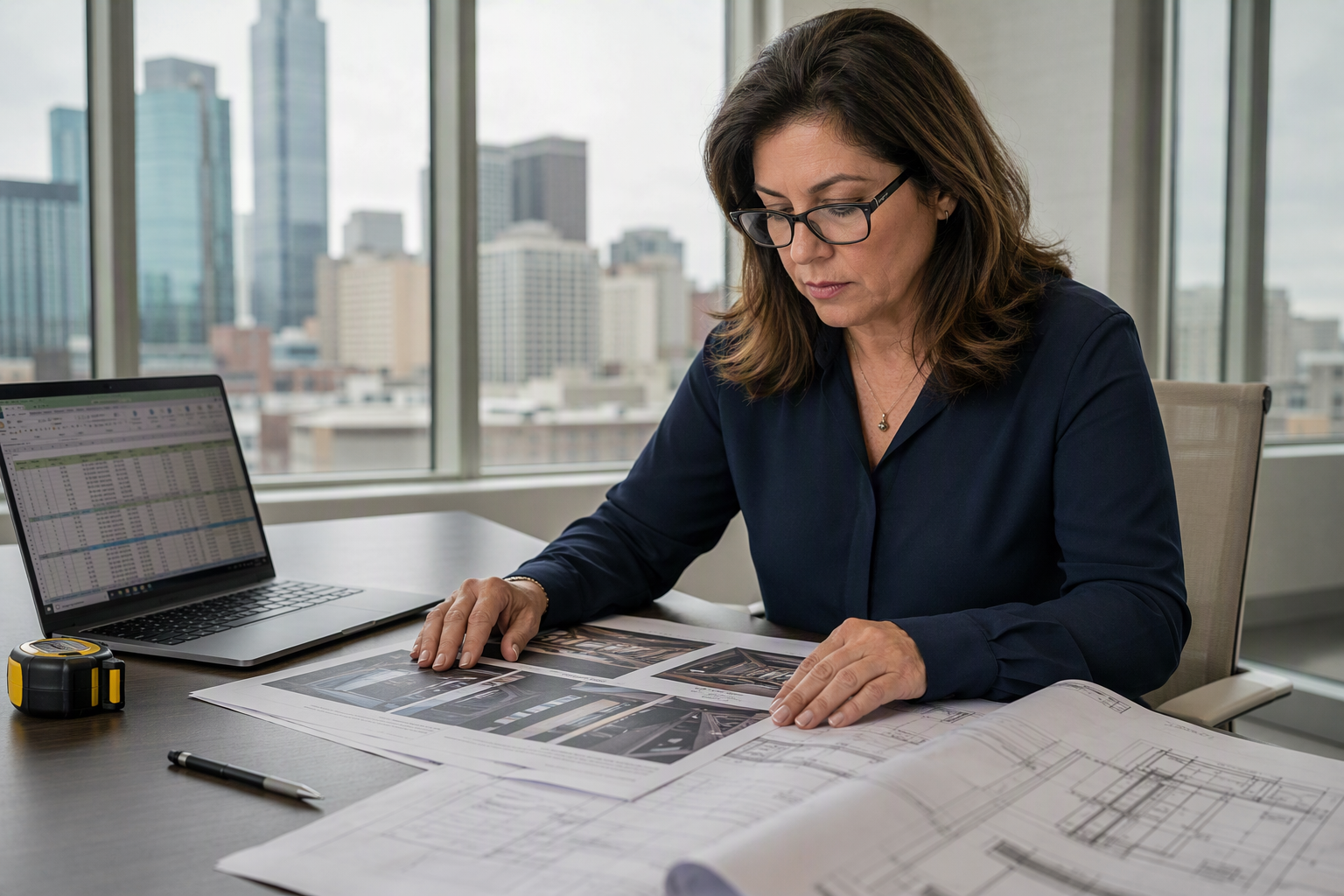 Building manager reviewing elevator modernization cost proposal and hoistway drawings at a Dallas office conference table