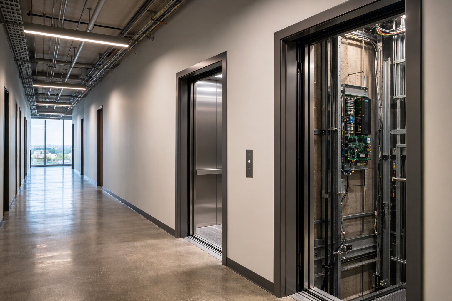 Elevator modernization in progress in a Houston commercial building showing one open cab with new controller panel and one finished brushed-stainless cab interior