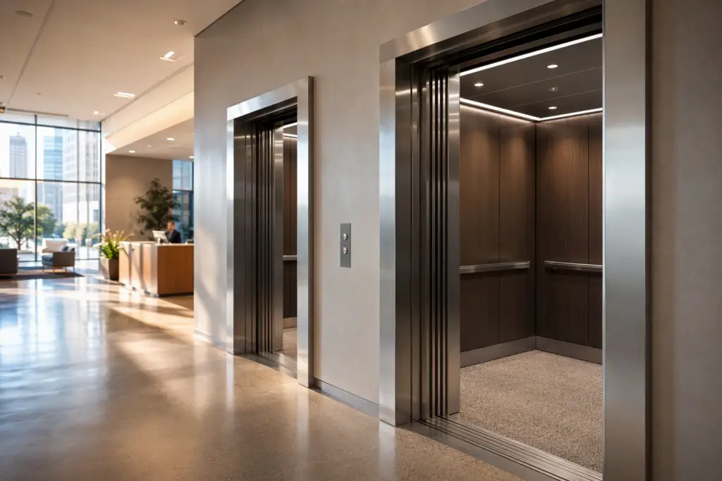 Modernized commercial elevator bank in a Houston Texas office building lobby showing updated stainless steel doors and contemporary cab interiors, 2026