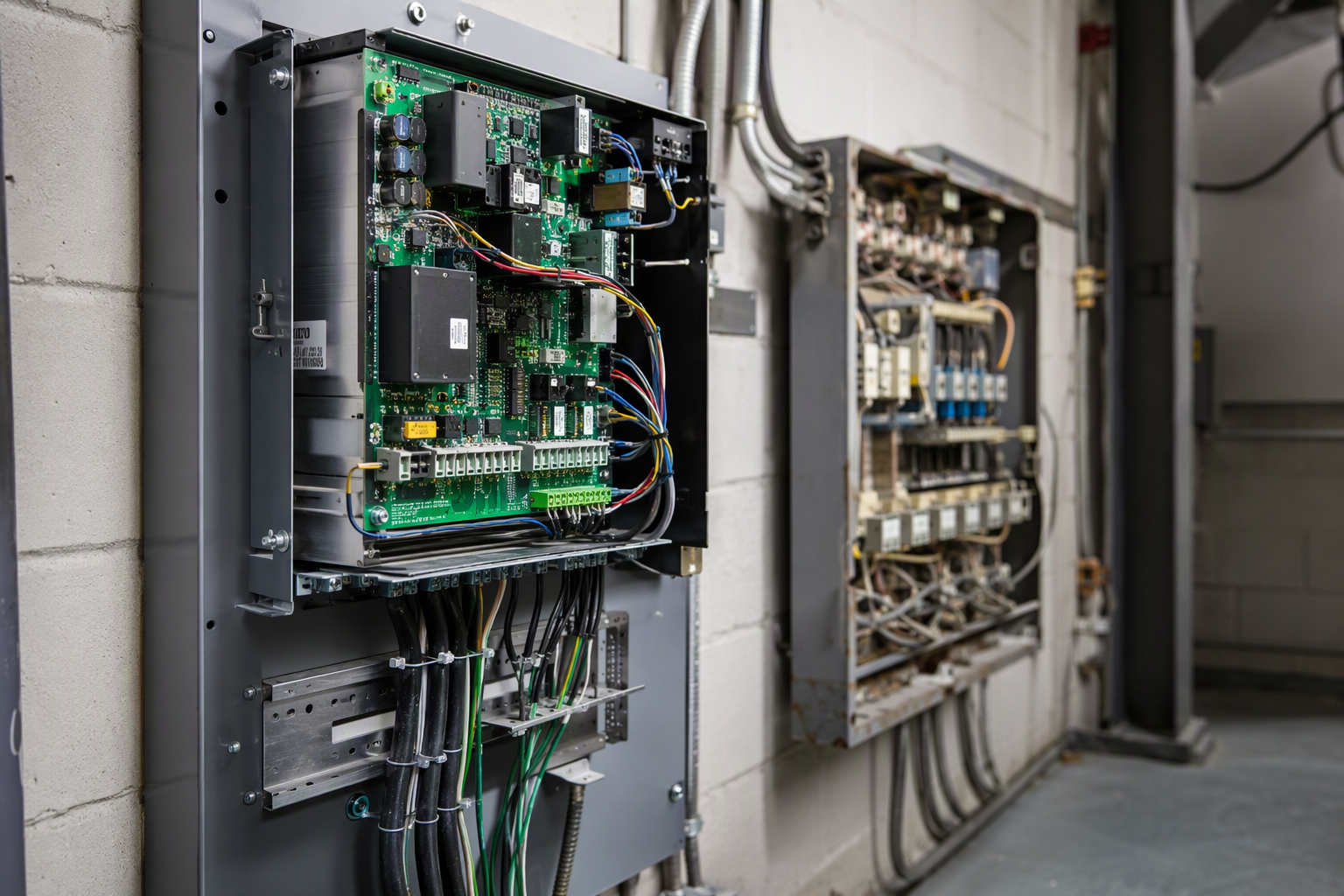 New Elevator Controller vs. Aging Relay Panel — Machine Room Detail New solid-state elevator controller installed in a Houston TX machine room beside an aging relay-logic panel, showing a key cost driver in elevator modernization projects.