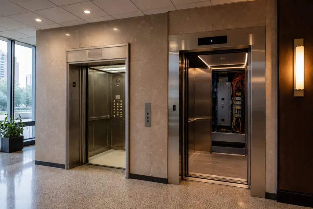 Houston TX commercial building lobby showing two elevators side by side, one original and one freshly modernized with new cab interior and digital fixtures, illustrating elevator modernization cost sc