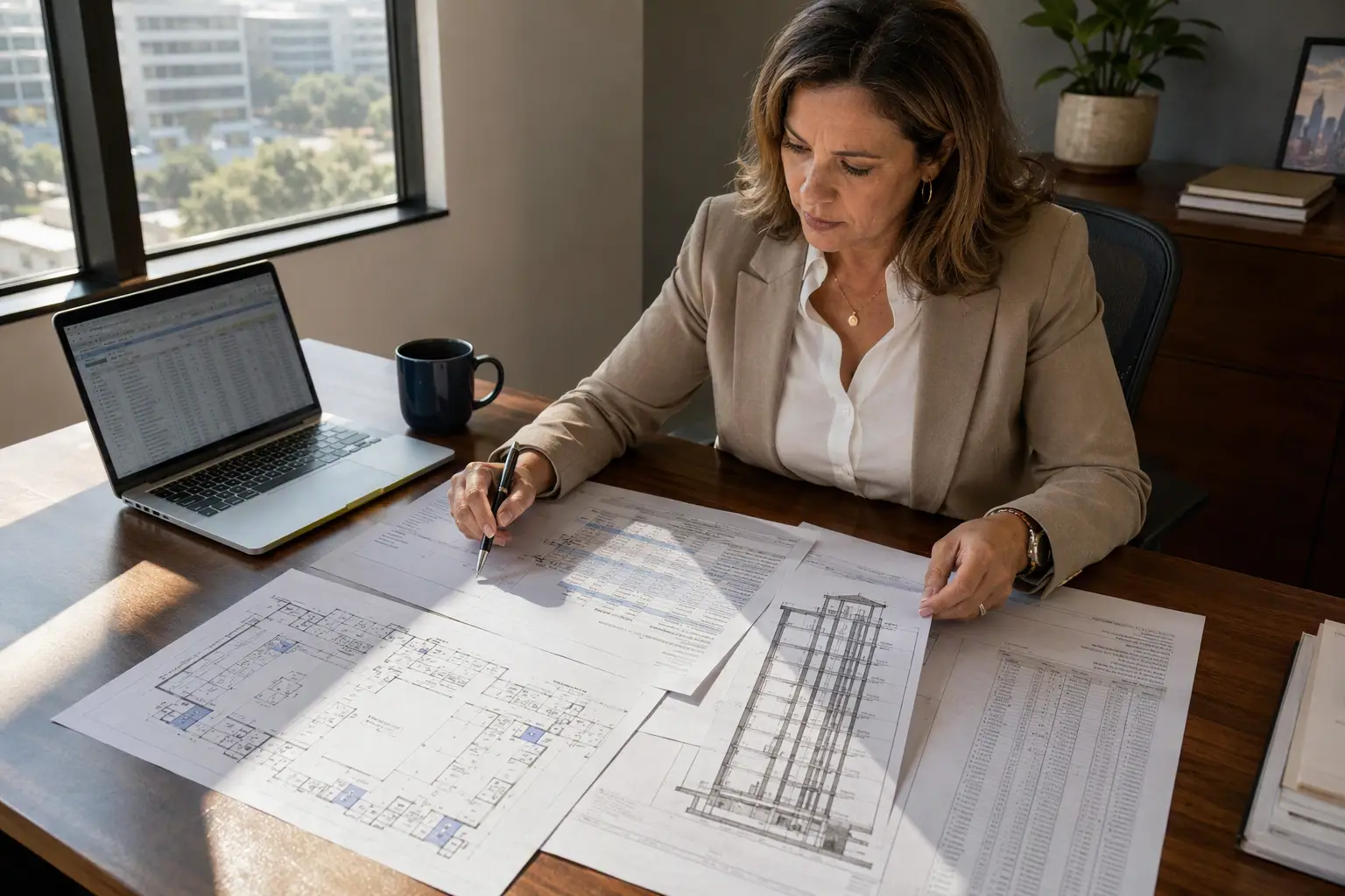 Building Manager Reviewing Elevator Modernization Proposal — Houston TX Houston TX property manager reviewing elevator modernization cost proposal at a desk, examining itemized quotes and building floor plans to evaluate factors affecting project price.