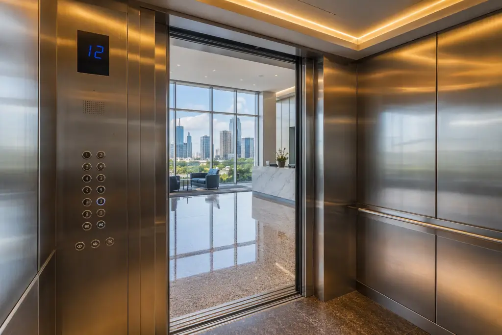 Modernized elevator cab interior in an Austin TX office building showing updated LED lighting, stainless steel panels, and ADA-compliant controls after elevator modification