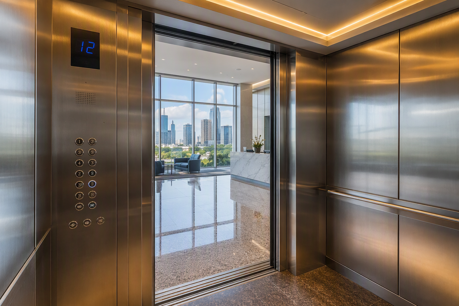 Modernized Elevator Cab — Austin, TX Office Building Modernized elevator cab interior in an Austin TX office building showing updated LED lighting, stainless steel panels, and ADA-compliant controls after elevator modification