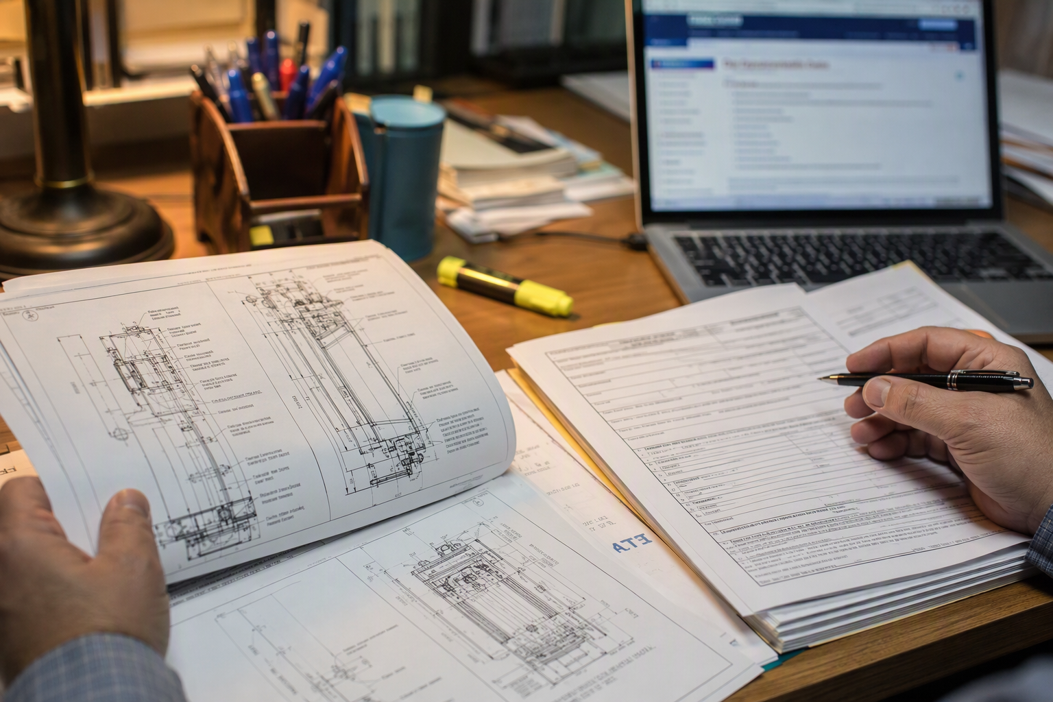 TDLR Permit Review for Elevator Alteration — Austin, TX Building manager reviewing TDLR elevator modification permit documents and technical drawings in an Austin TX office, a required step before alteration work begins