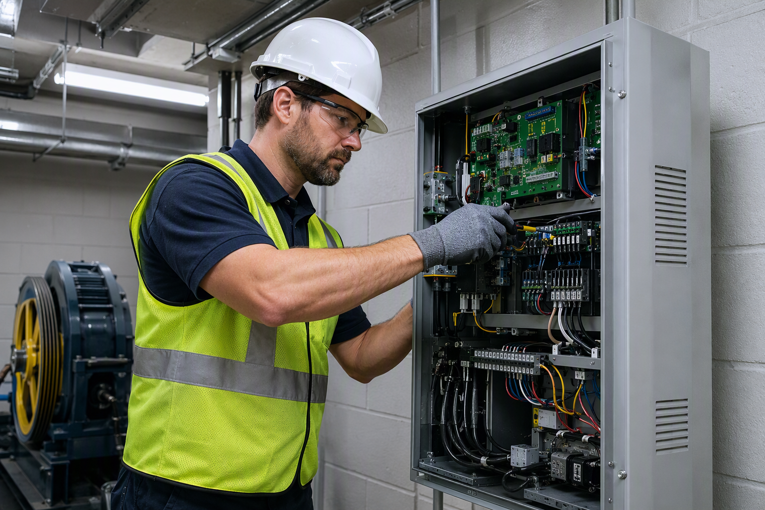 Elevator Controller Modification — Machine Room, Austin, TX Licensed elevator technician servicing a solid-state controller during an elevator modification project in an Austin TX commercial building machine room