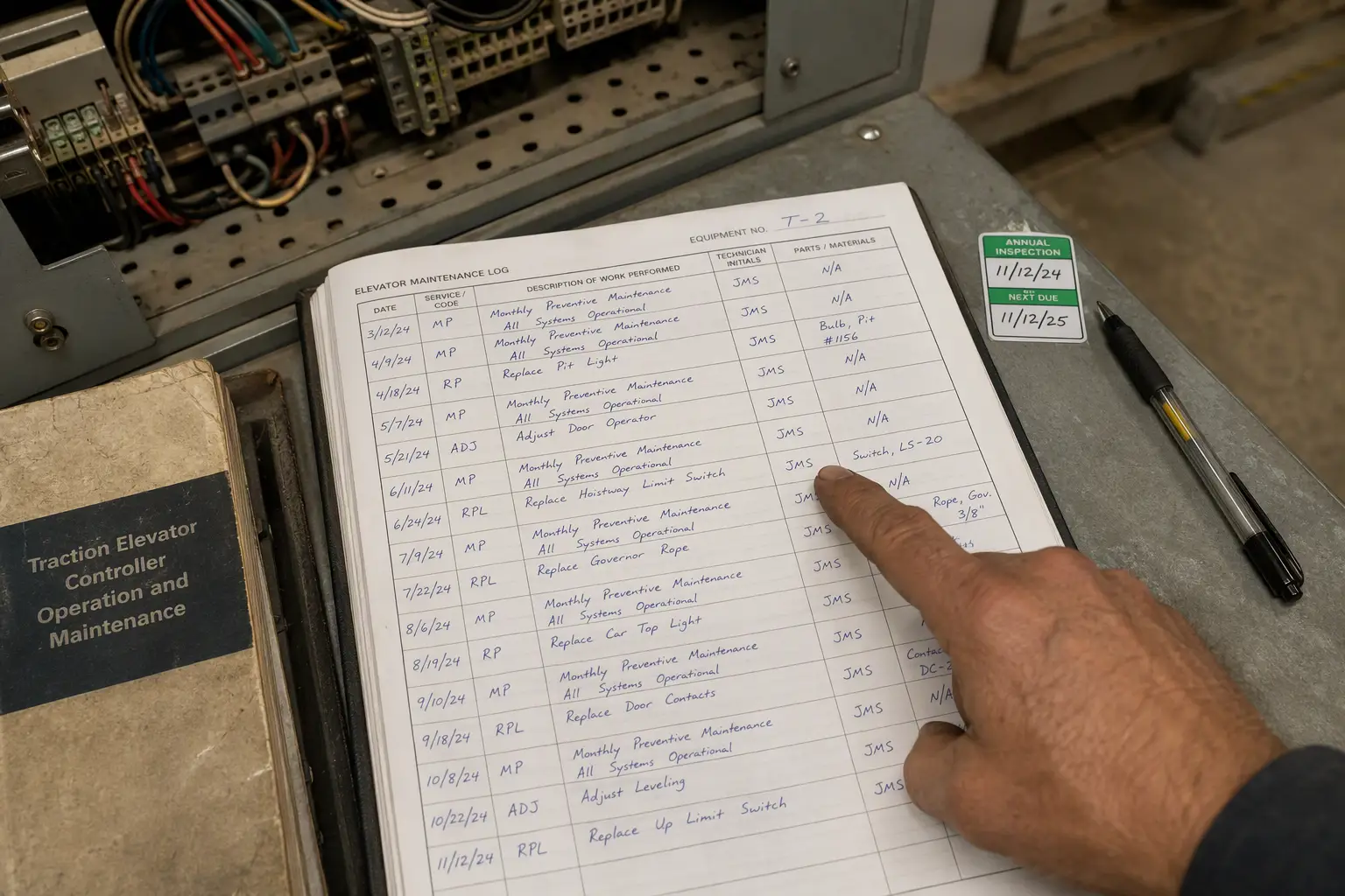 Close-up of an elevator maintenance log with handwritten service entries and inspection dates, resting on a machine room work surface next to a traction elevator controller
