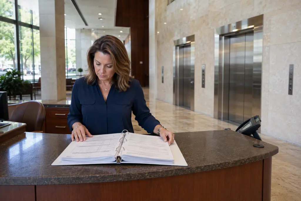 Houston building manager reviewing an elevator maintenance log binder at a commercial lobby desk with stainless steel elevator doors visible in the background