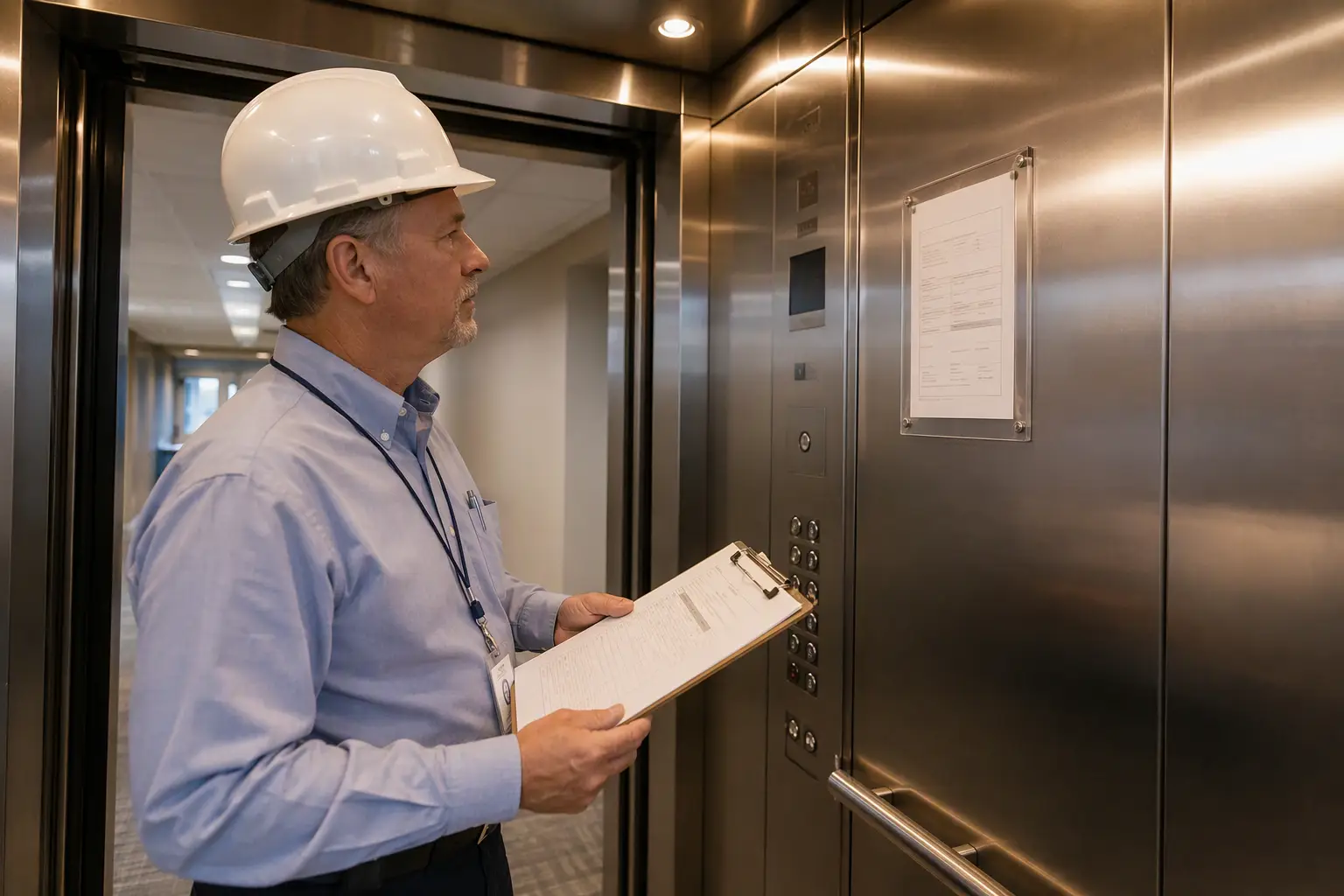 City elevator inspector reviewing a certificate of inspection mounted inside a commercial elevator cab in Houston, holding an official inspection report on a clipboard