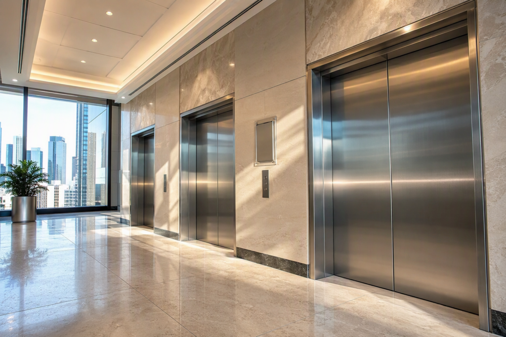 Commercial office building elevator lobby in Houston Texas showing three stainless-steel elevator doors and a TDLR Certificate of Compliance mounted on the wall — elevator service Texas compliance.