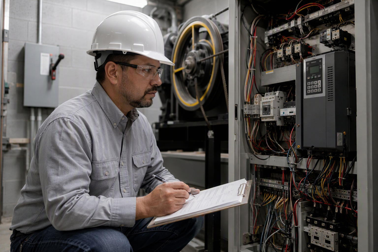TDLR-registered elevator inspector reviewing machine-room controller during annual elevator inspection in a Texas commercial building — elevator service Texas regulatory compliance.