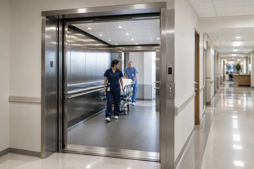 Commercial hospital elevator with open stainless-steel doors and grab rails in a Texas healthcare facility, compliant with TDLR and ADA elevator standards.