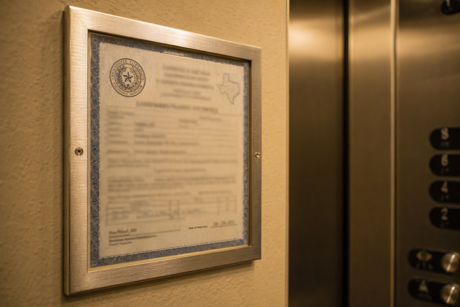 TDLR Certificate of Compliance displayed inside a Texas elevator cab, required annually for healthcare facility elevator regulatory compliance.