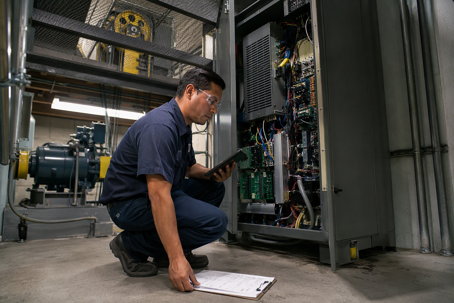 Elevator technician inspecting a traction elevator controller in a Texas healthcare facility machine room during a scheduled TDLR compliance maintenance visit.