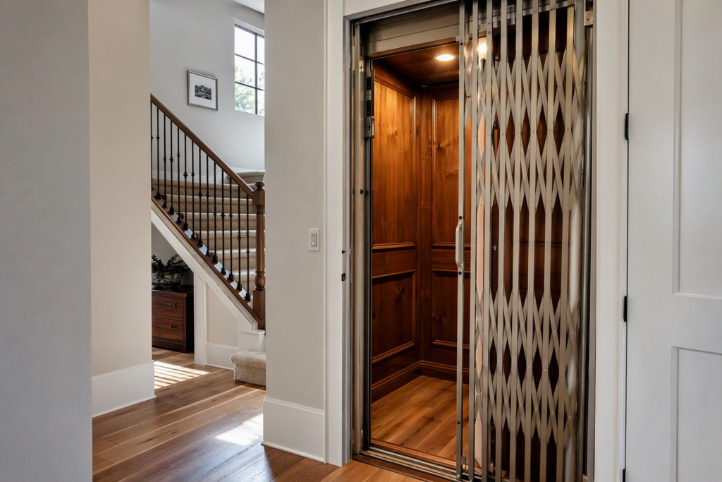 Residential home elevator with brushed-stainless gate and wood-panel cab in a suburban Jollyville TX home, showing typical installation requiring TDLR-registered repair and maintenance.