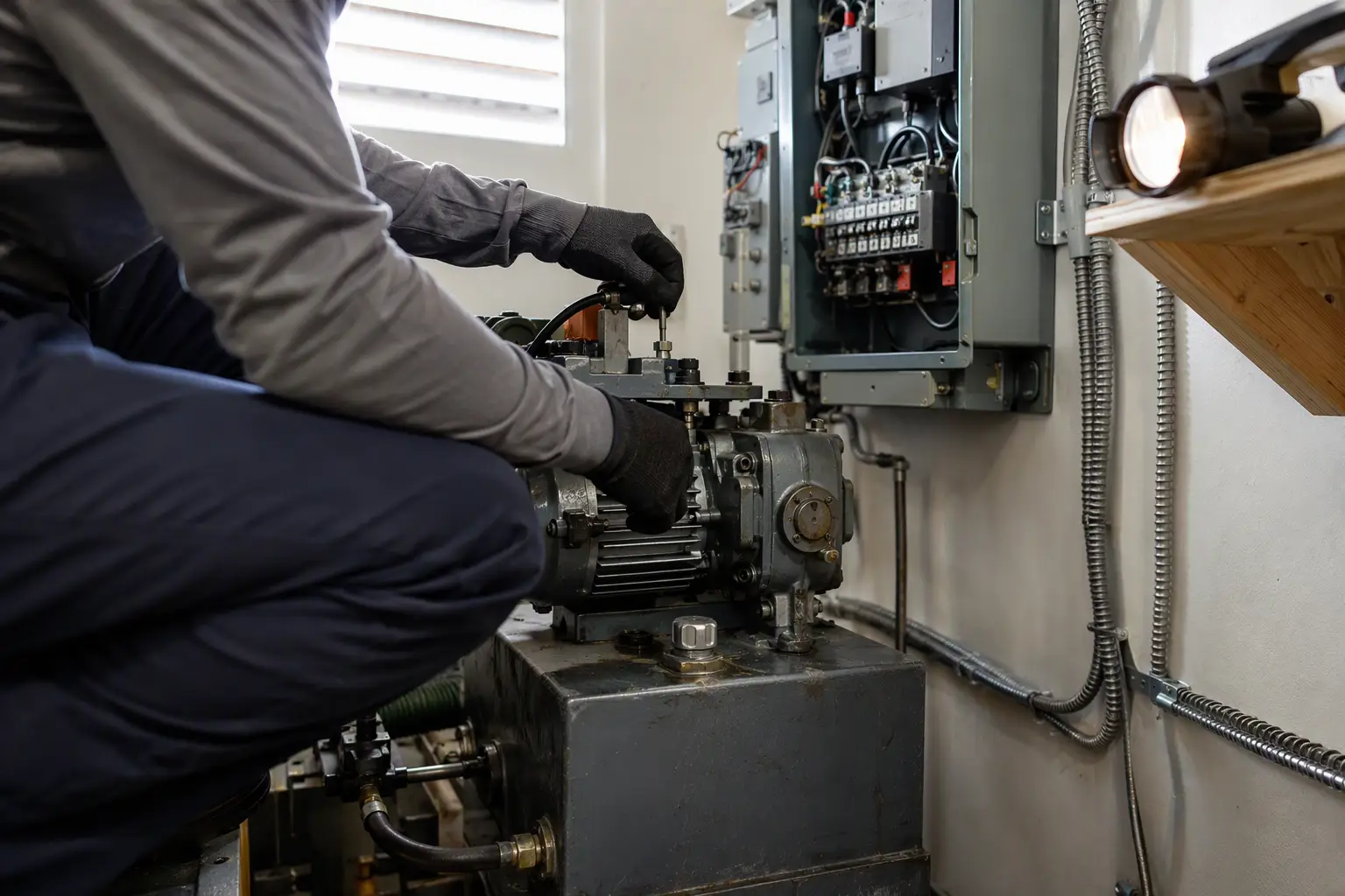Licensed elevator technician servicing home elevator drive unit and controller in a residential machine room in the Jollyville TX area, performing TDLR-compliant repair and maintenance.