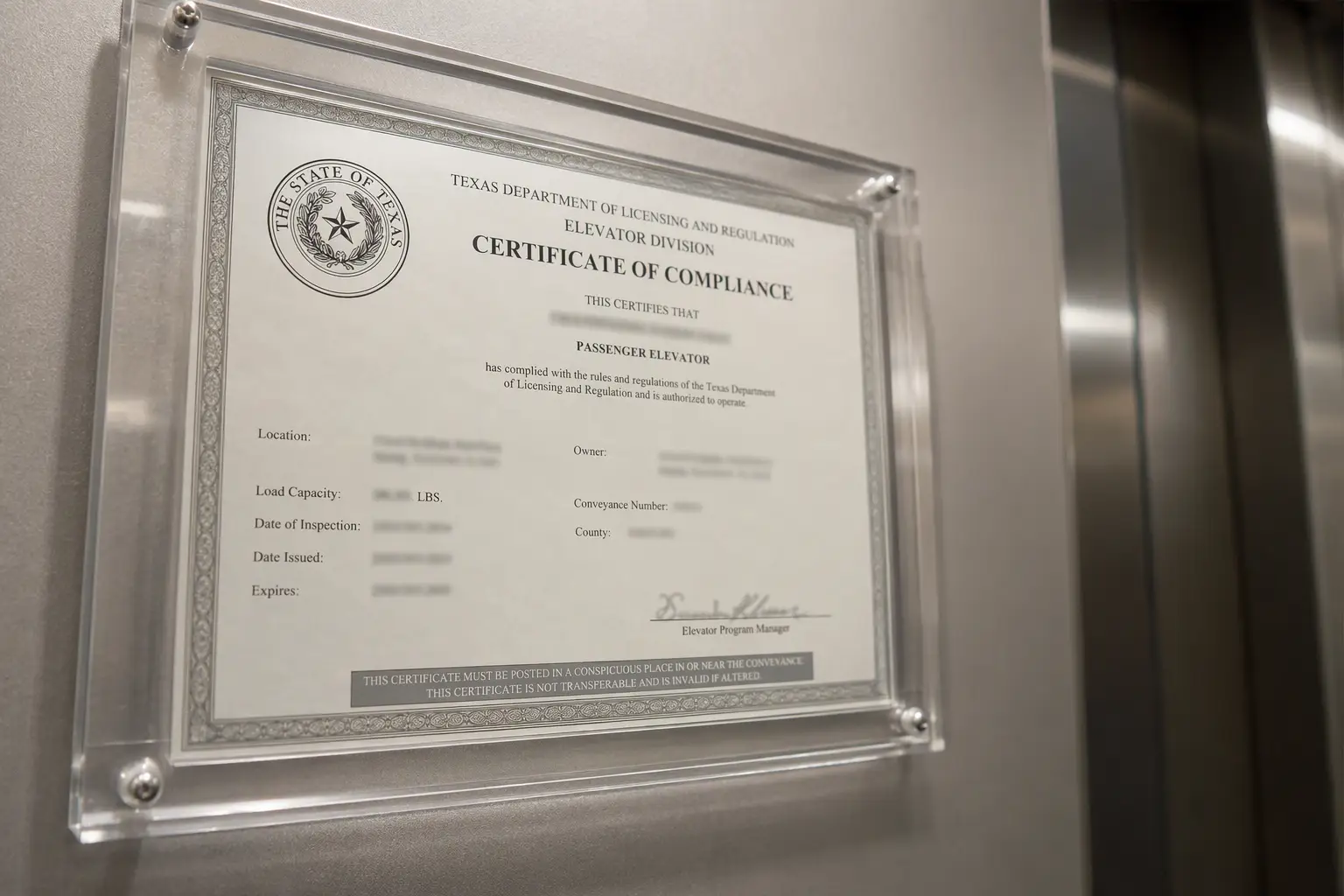 TDLR Certificate of Compliance displayed inside a home elevator cab in the Austin TX area, required annually for residential elevator regulatory compliance in Jollyville TX.