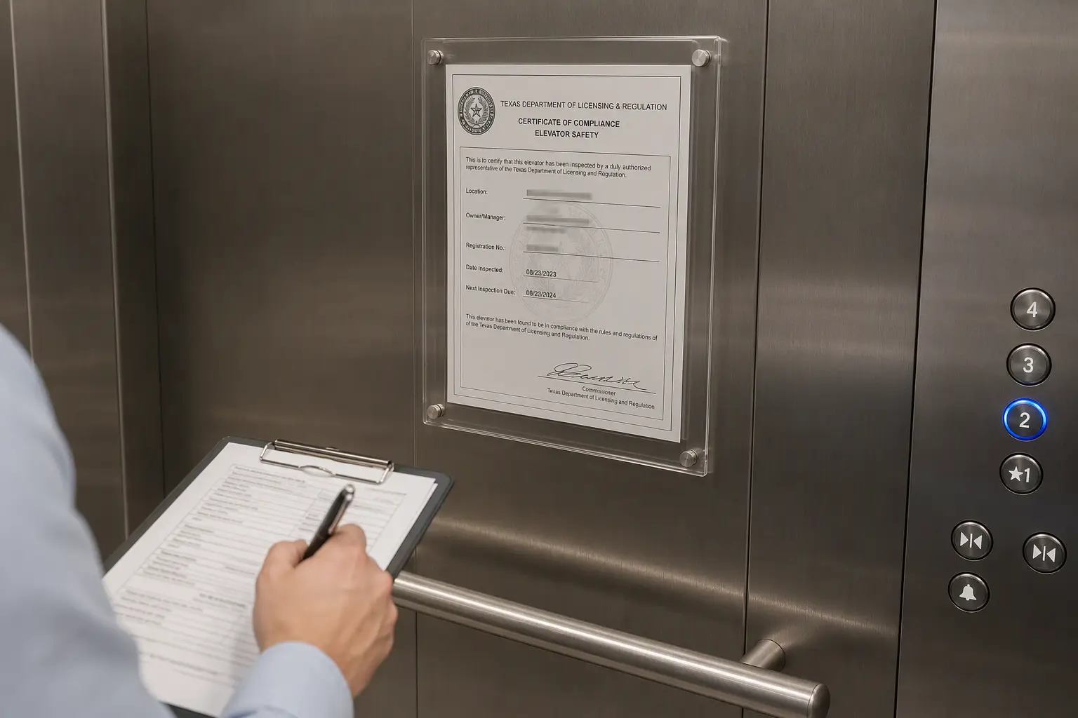 Elevator Compliance Certificate — Annual Inspection Requirement Elevator compliance certificate mounted in an acrylic frame inside a hospital elevator cab, representing Texas TDLR and California Cal/OSHA annual inspection permit requirements.