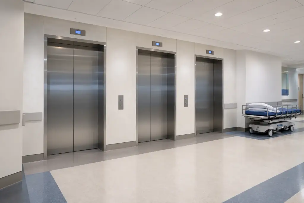 Hospital elevator bank with three stainless-steel doors on a patient-care floor, illustrating the inspection and compliance requirements for healthcare facility elevators in Texas and California.