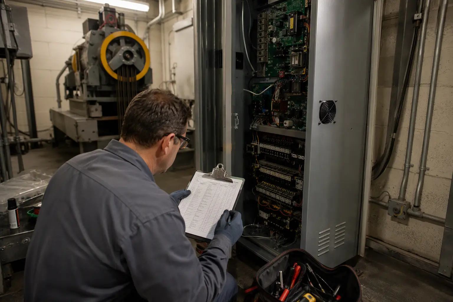 Machine Room Maintenance Review — Hospital Elevator Service Elevator maintenance technician reviewing a service log inside a hospital elevator machine room, illustrating the maintenance schedule and compliance obligations required for healthcare facility eleva