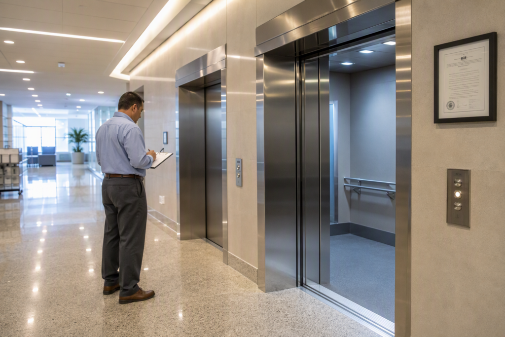 Hospital elevator lobby in a Texas or California healthcare facility showing compliant elevator doors, wall-posted certificate of compliance, and a facility manager reviewing inspection records